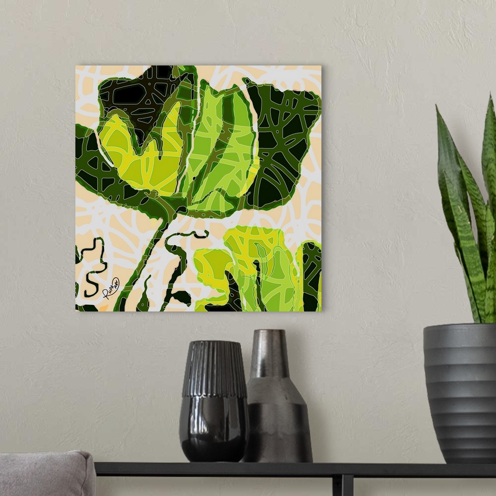 A modern room featuring Square abstract art of a large black and green flower with white outlined designs on top.