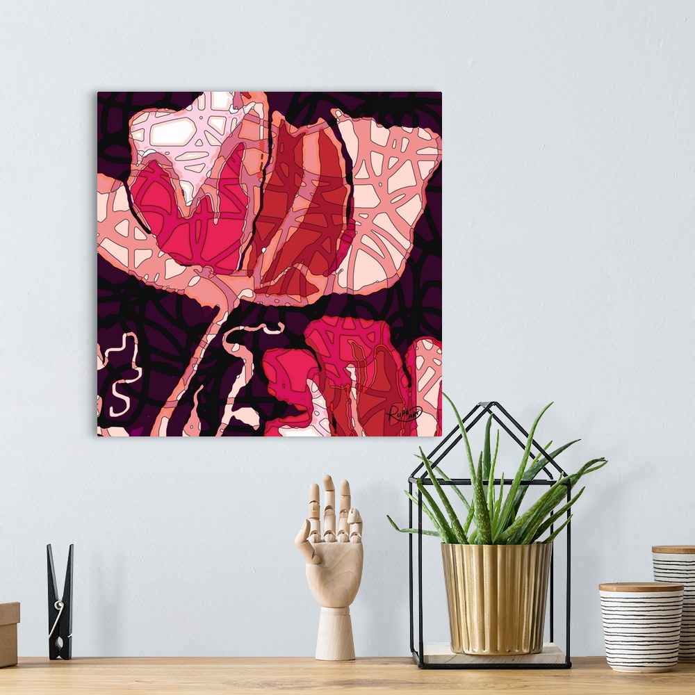 A bohemian room featuring Square abstract art of a large pink flower with a lined design on top on a black background.