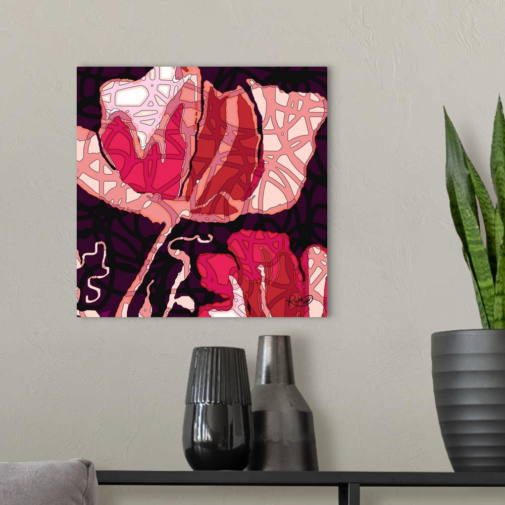 A modern room featuring Square abstract art of a large pink flower with a lined design on top on a black background.