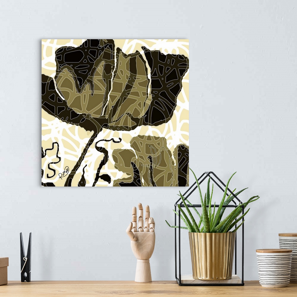 A bohemian room featuring Square abstract art of a large black and brown flower with white outlined designs on top.