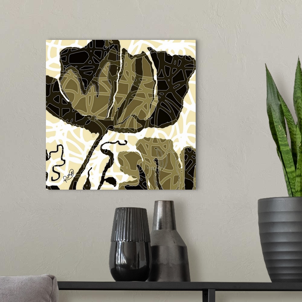 A modern room featuring Square abstract art of a large black and brown flower with white outlined designs on top.