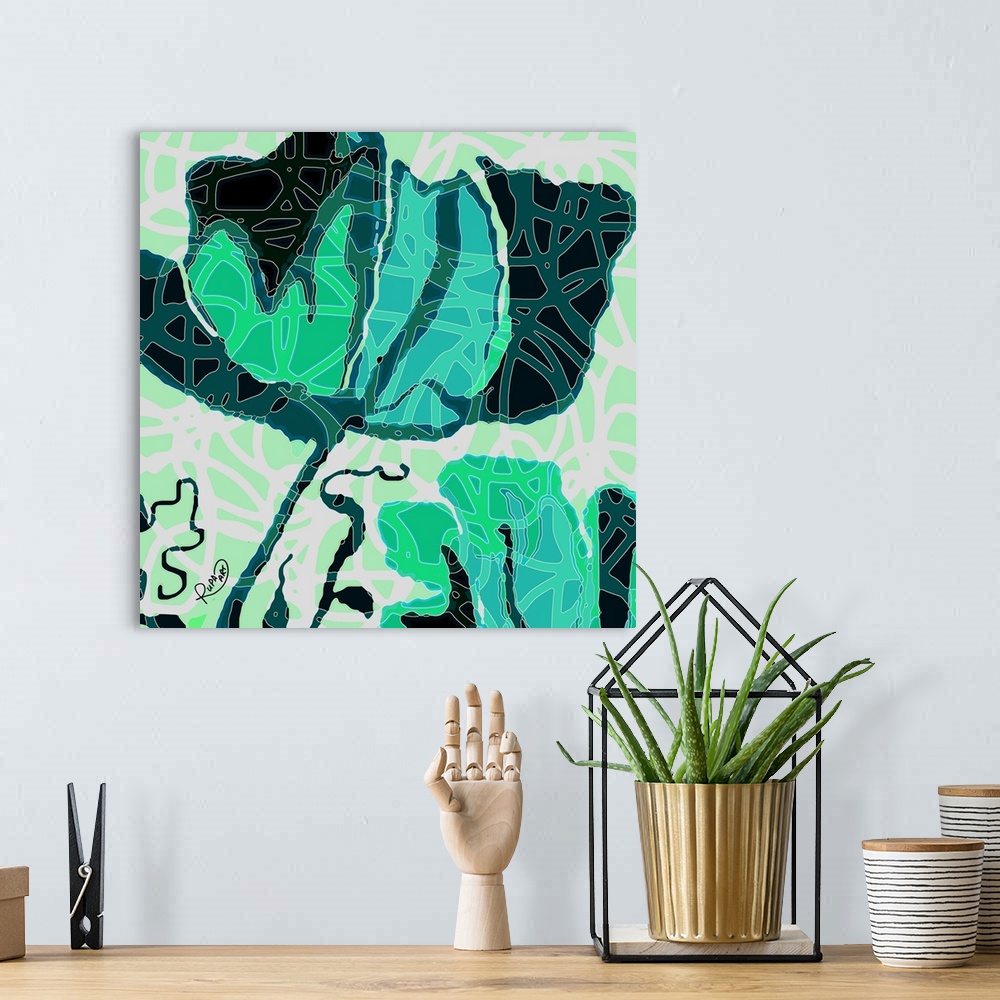 A bohemian room featuring Square abstract art of a large black, bright green, and blue flower with white outlined designs o...