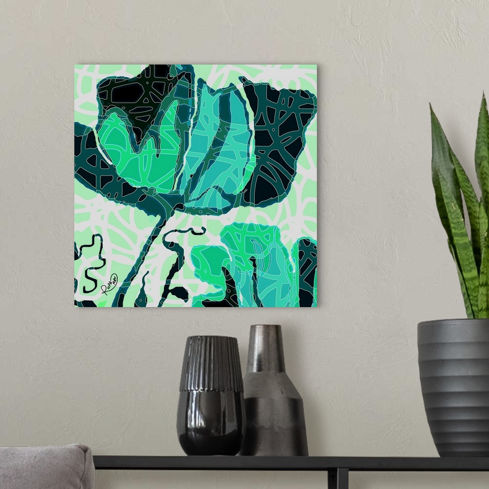 A modern room featuring Square abstract art of a large black, bright green, and blue flower with white outlined designs o...