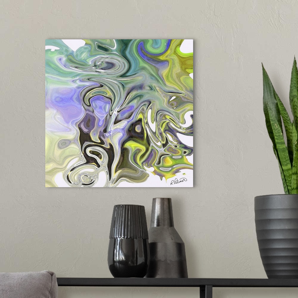 A modern room featuring A square image of varies shades of blue, green, yellow and purple layering in swirled shapes.