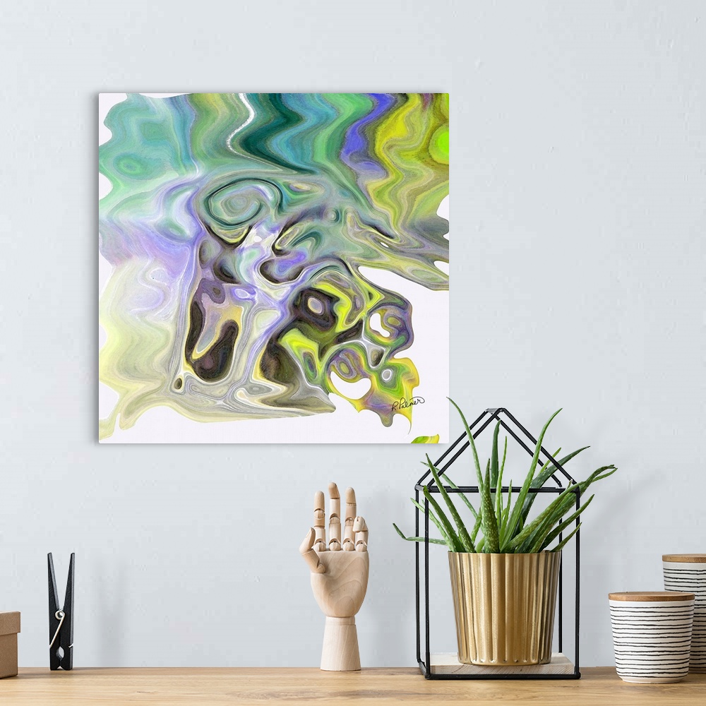 A bohemian room featuring A square image of varies shades of blue, green, yellow and purple layering in swirled shapes.