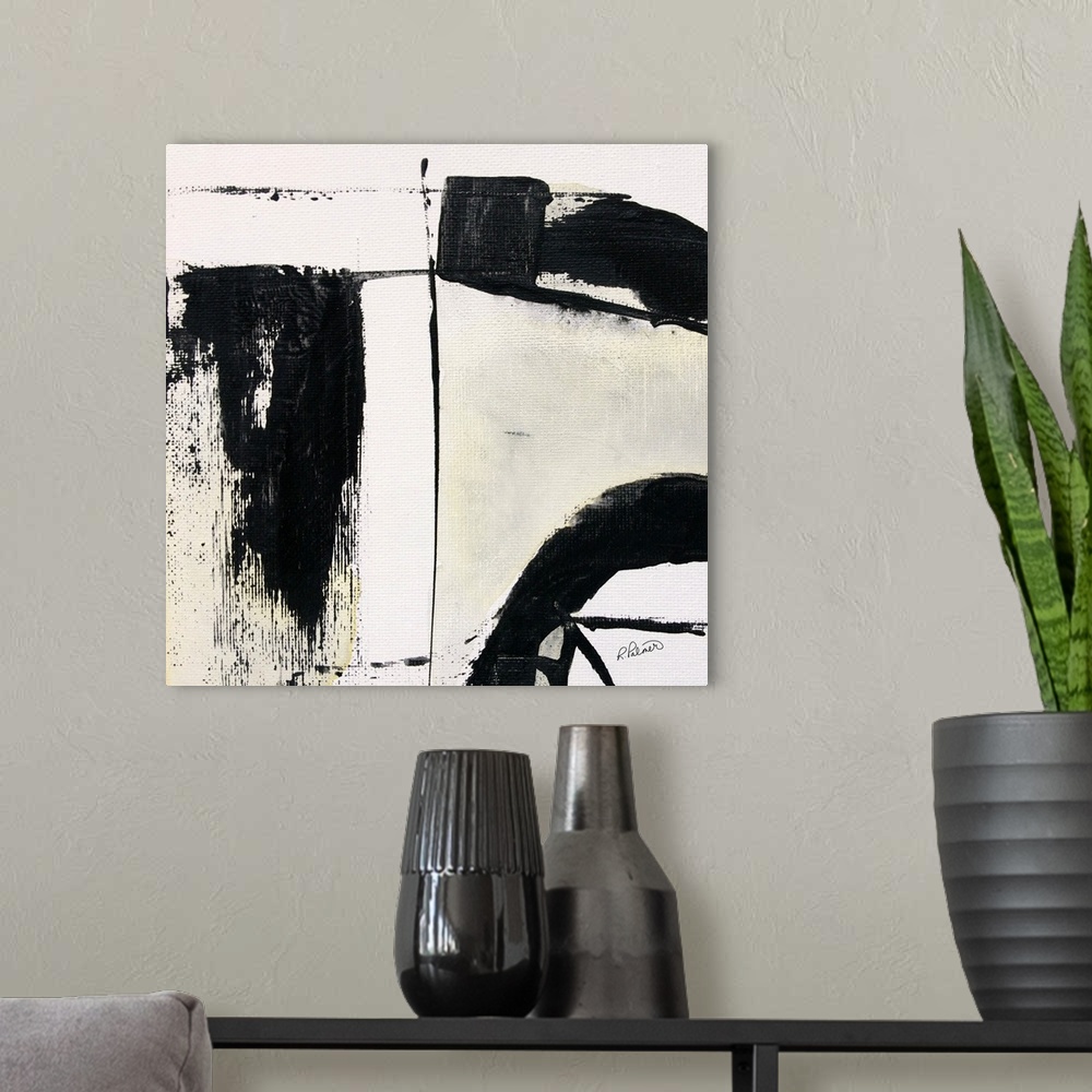 A modern room featuring Square abstract painting in black, white, gray, and yellow hues with bold brushstrokes creating m...