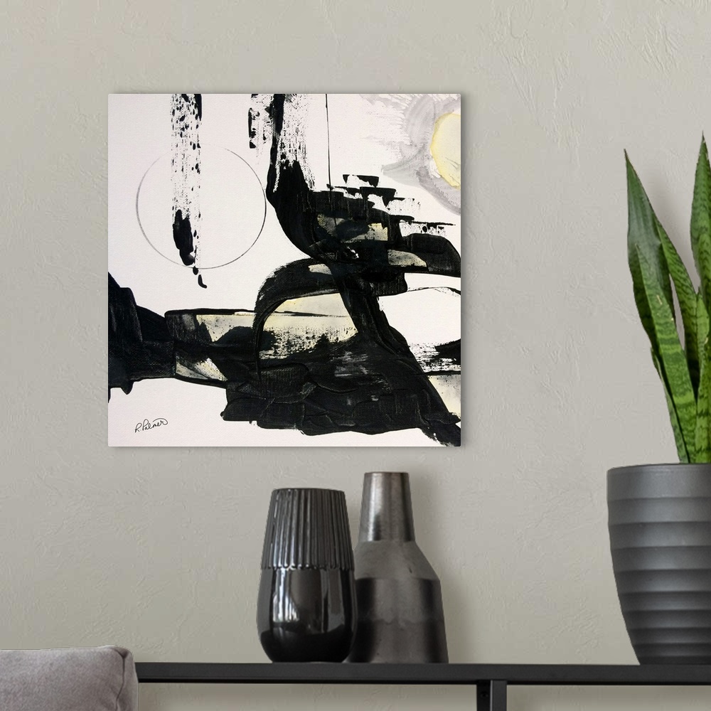 A modern room featuring Square abstract painting in black, white, gray, and yellow hues with bold brushstrokes creating m...