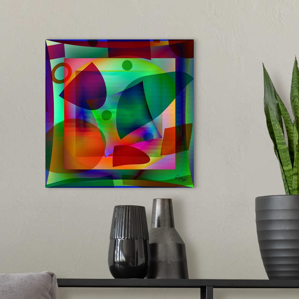 A modern room featuring Contemporary digital art of geometric shapes in vibrant, almost neon colors.