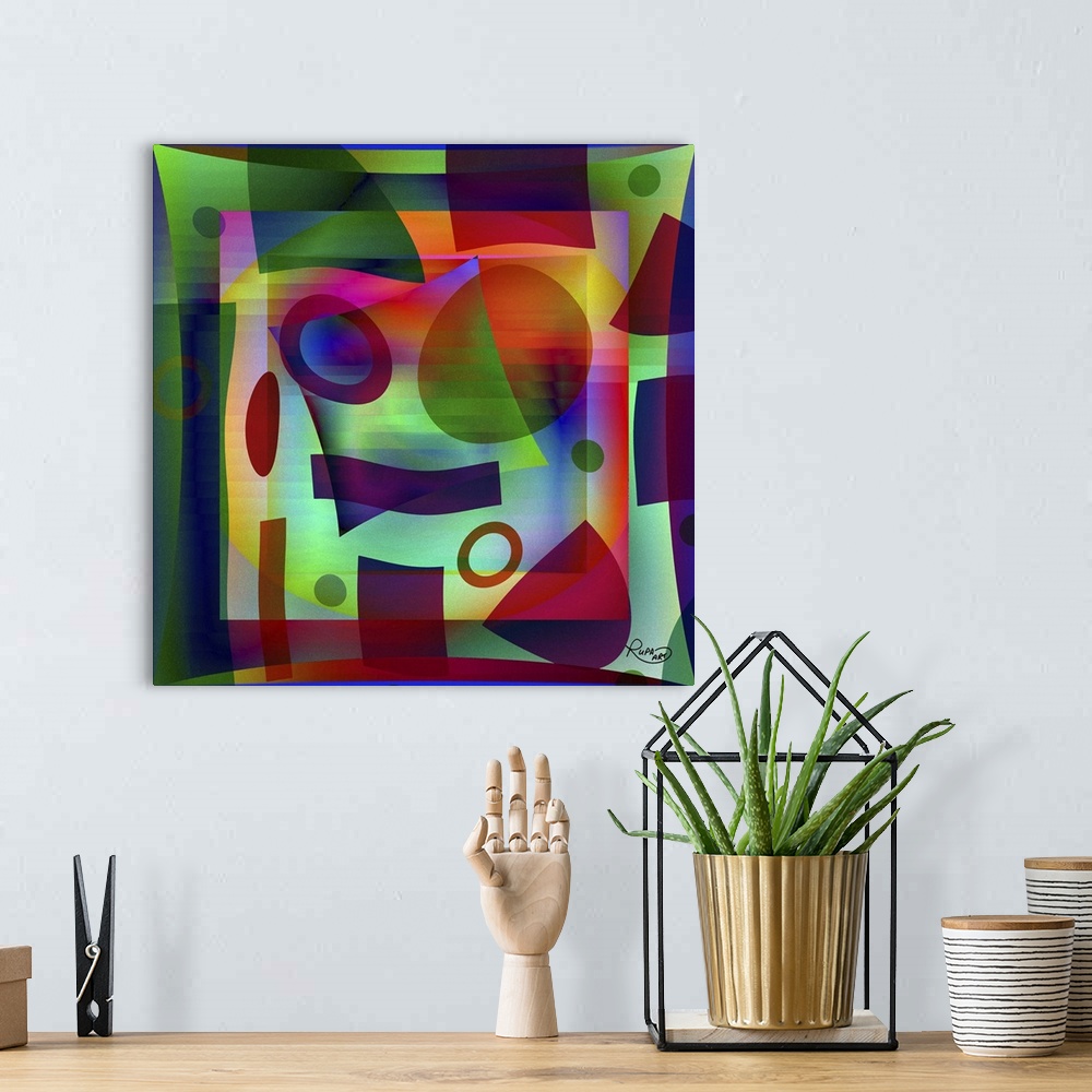 A bohemian room featuring Contemporary digital art of geometric shapes in vibrant, almost neon colors.