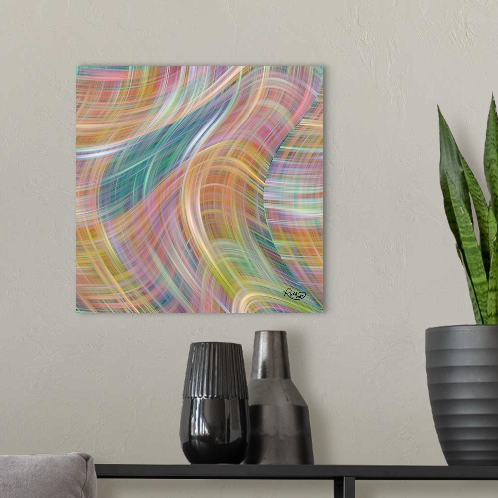A modern room featuring Square abstract of striped swirled shapes in a multi-colored design.