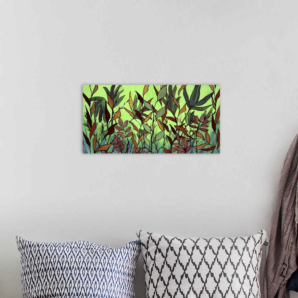 A bohemian room featuring A contemporary painting of a ground level view of tall grass against a green background.