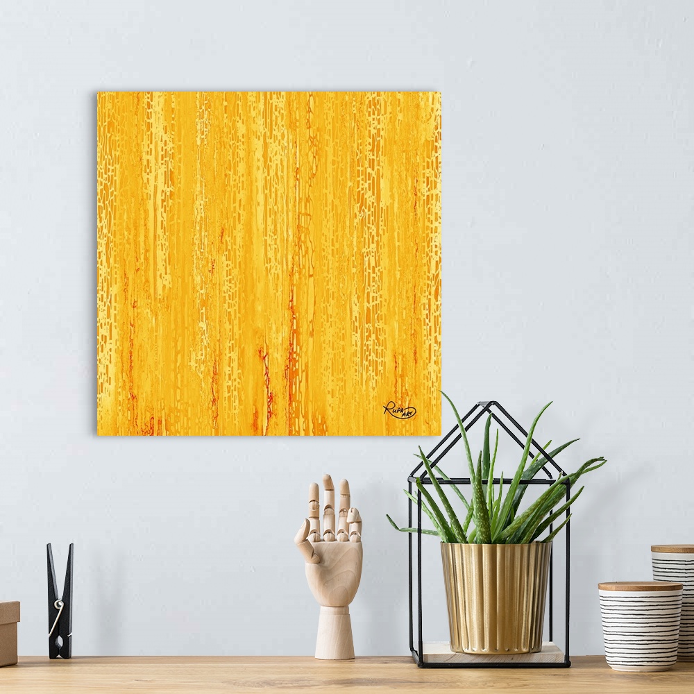 A bohemian room featuring Contemporary abstract art of cascading dots in bright yellow.