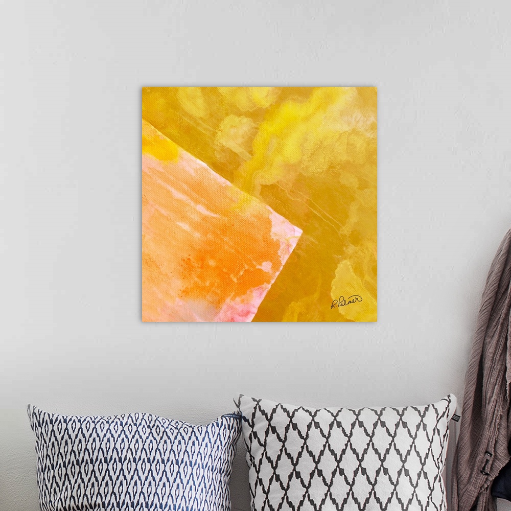 A bohemian room featuring Square abstract painting with one large  square in the corner made with shades of yellow with hin...