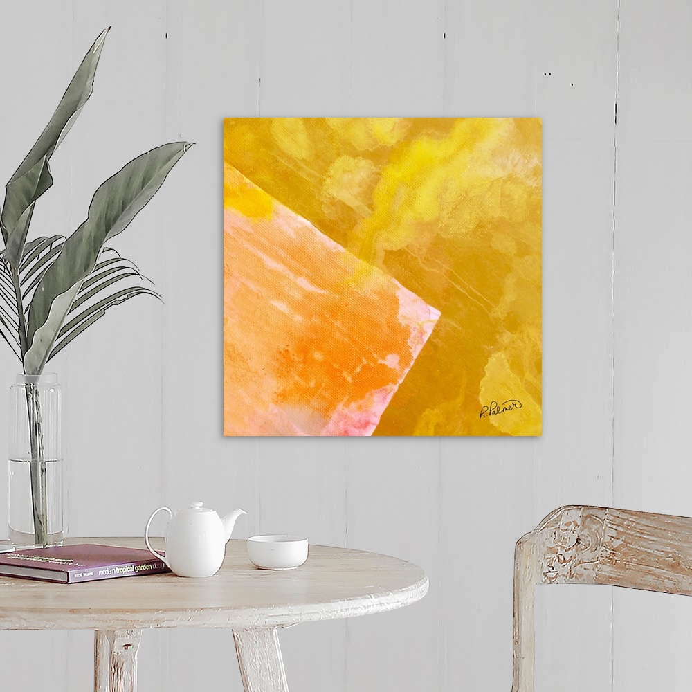 A farmhouse room featuring Square abstract painting with one large  square in the corner made with shades of yellow with hin...
