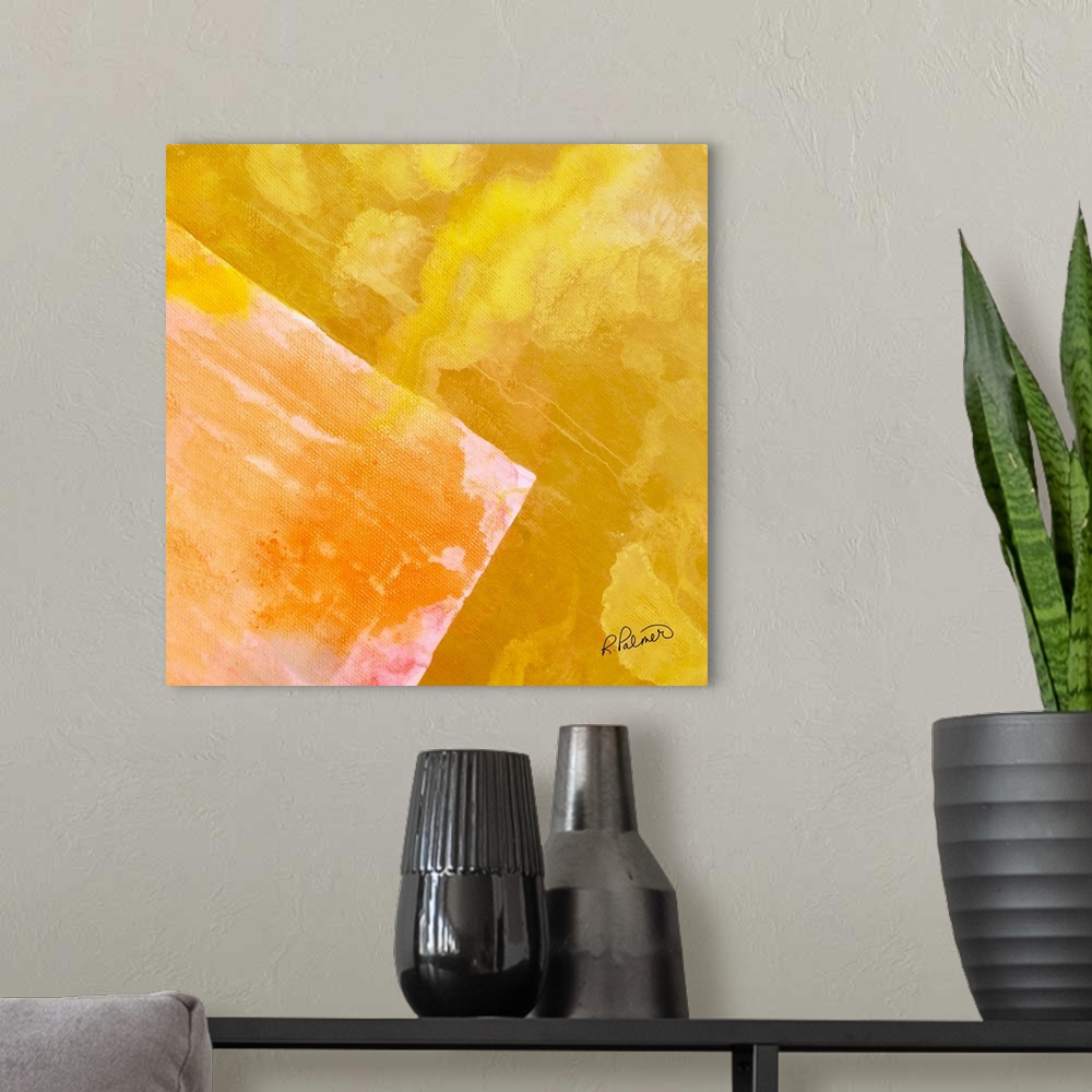 A modern room featuring Square abstract painting with one large  square in the corner made with shades of yellow with hin...