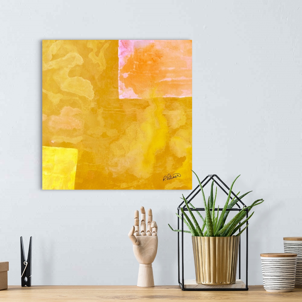 A bohemian room featuring Square abstract painting with large sporadic squares in shades of yellow with hints of pink and o...