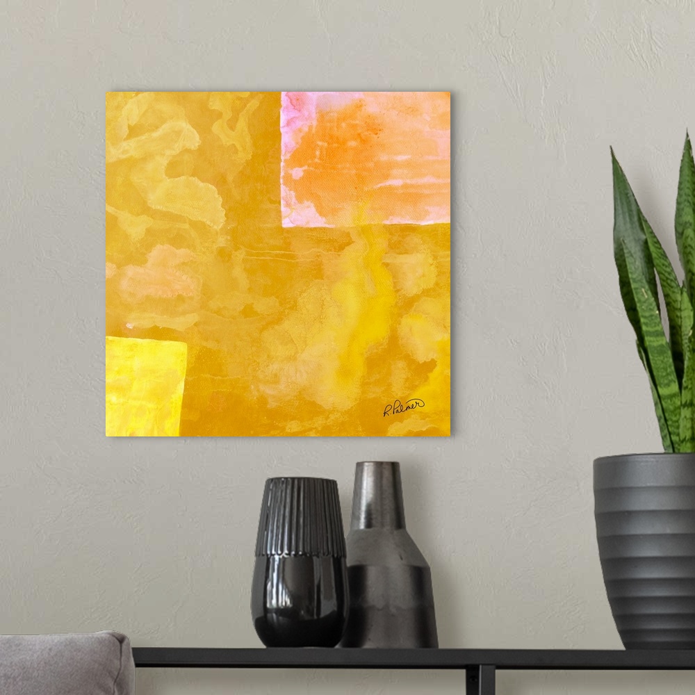 A modern room featuring Square abstract painting with large sporadic squares in shades of yellow with hints of pink and o...