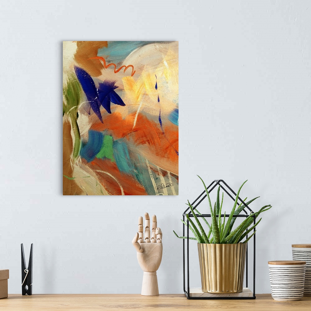 A bohemian room featuring Abstract painting with sporadic brushstrokes in orange, blue, green, and yellow hues with a royal...