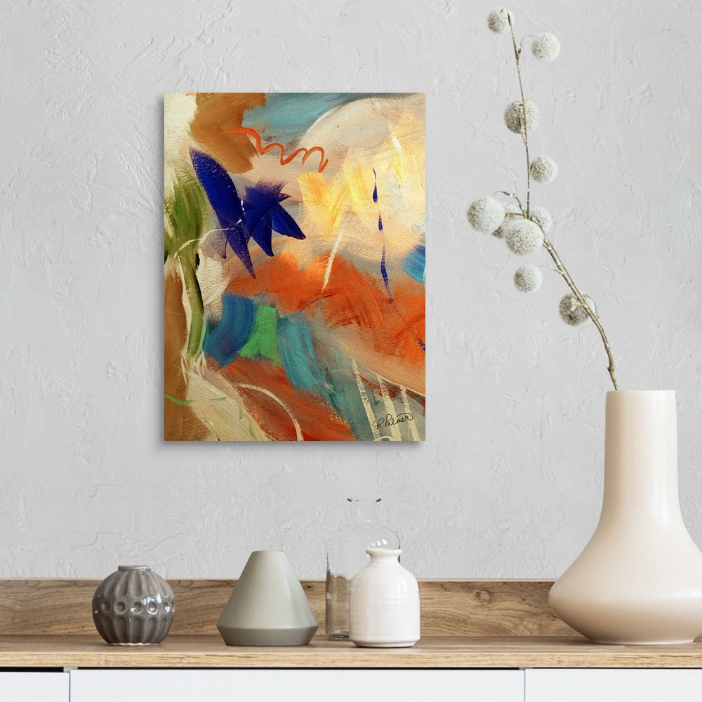 A farmhouse room featuring Abstract painting with sporadic brushstrokes in orange, blue, green, and yellow hues with a royal...