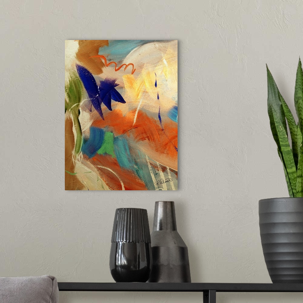 A modern room featuring Abstract painting with sporadic brushstrokes in orange, blue, green, and yellow hues with a royal...