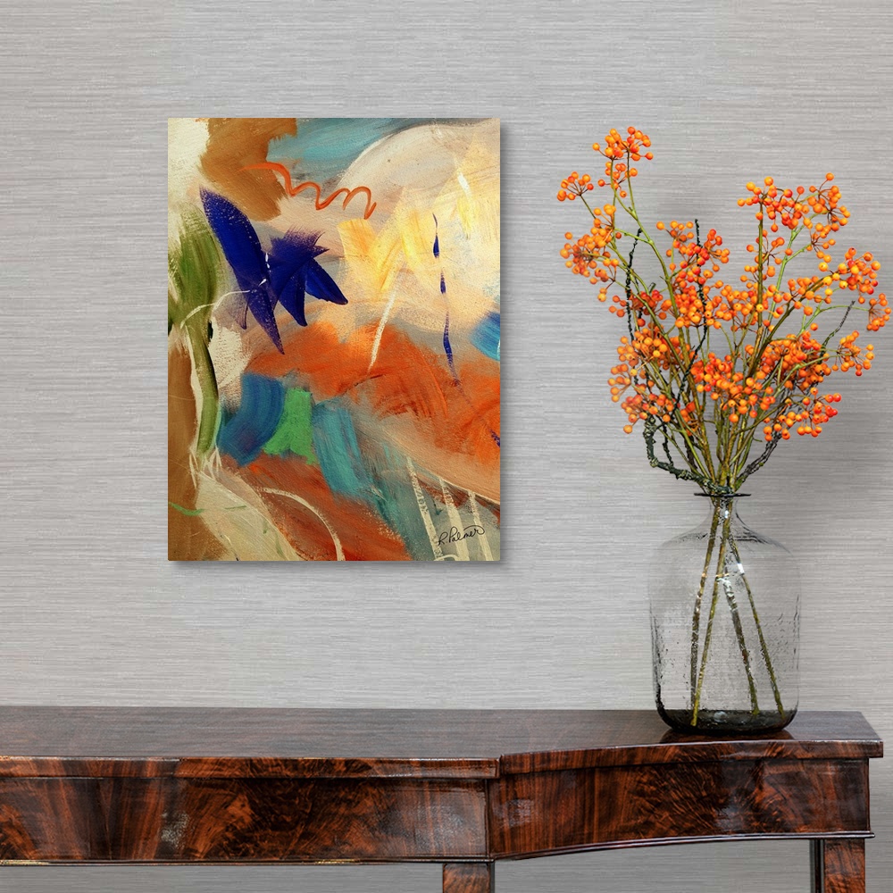 A traditional room featuring Abstract painting with sporadic brushstrokes in orange, blue, green, and yellow hues with a royal...