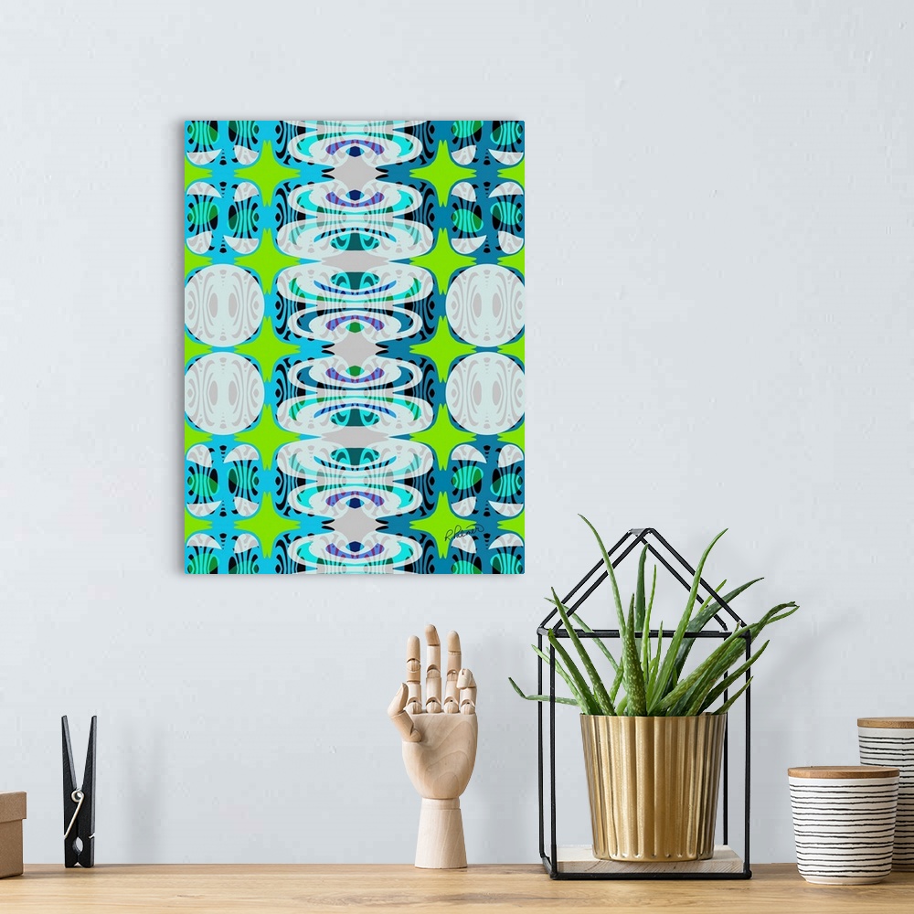 A bohemian room featuring Lime Blue White Abstract Pattern