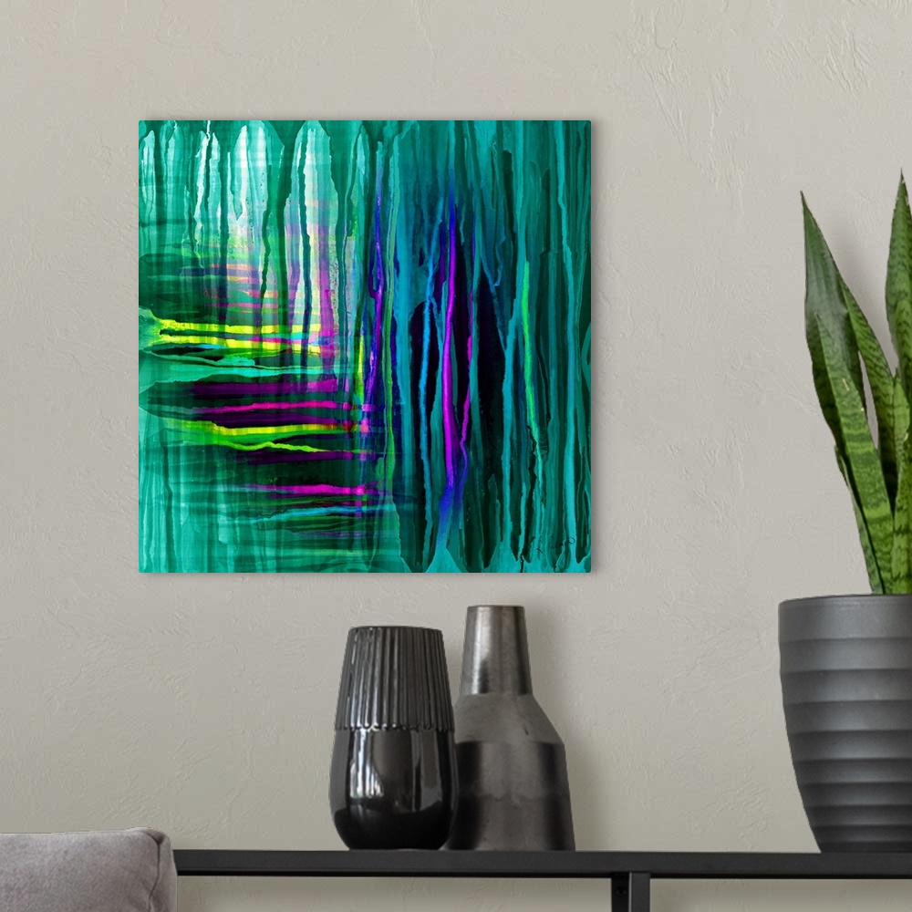 A modern room featuring Contemporary abstract painting of vertical and horizontal neon lines of green and purple.