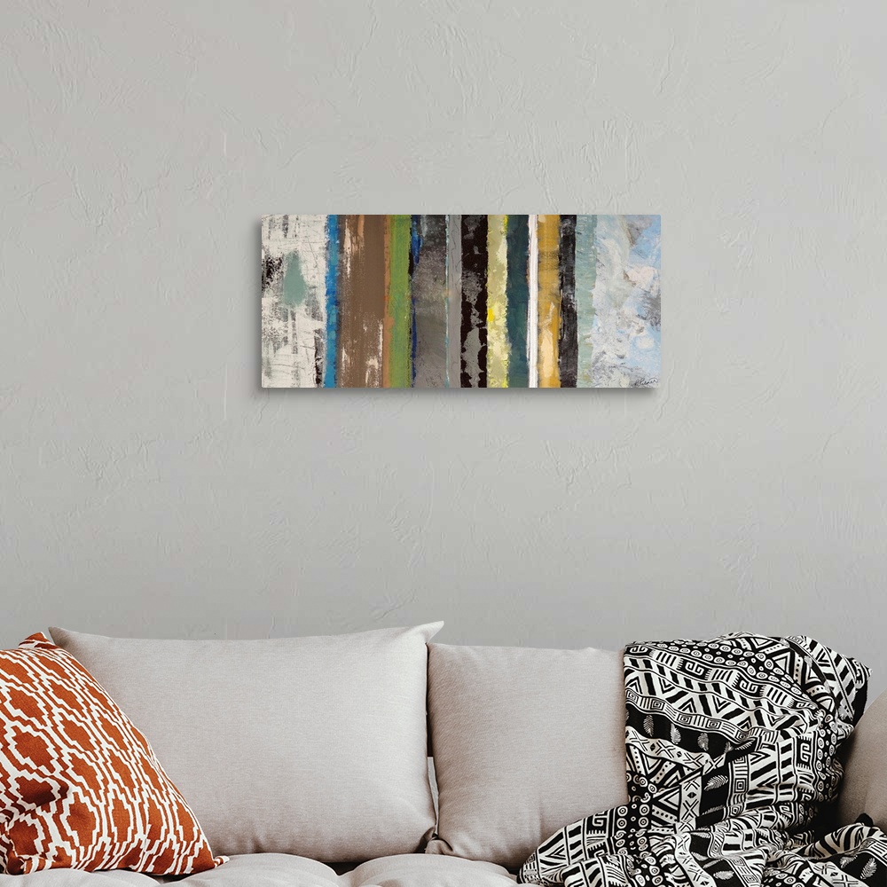 A bohemian room featuring Grunge contemporary art featuring varying vertical lines of colors with a distressed look.