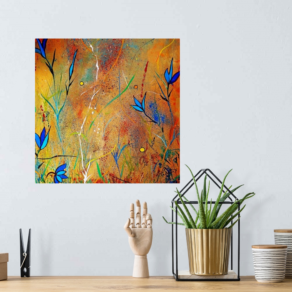A bohemian room featuring Square, giant artwork for a living room or office of several small ,spikey blue flowers on a back...