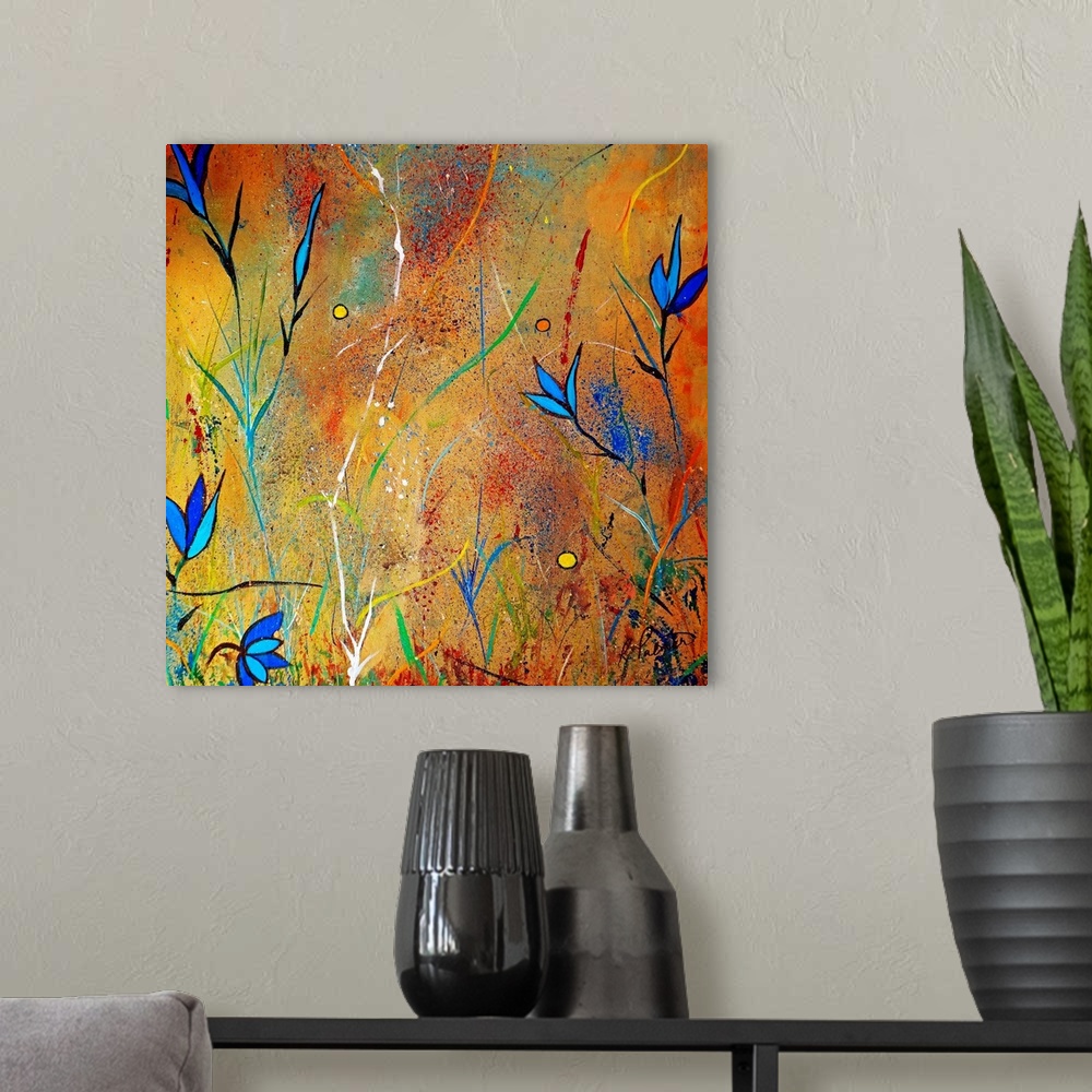 A modern room featuring Square, giant artwork for a living room or office of several small ,spikey blue flowers on a back...