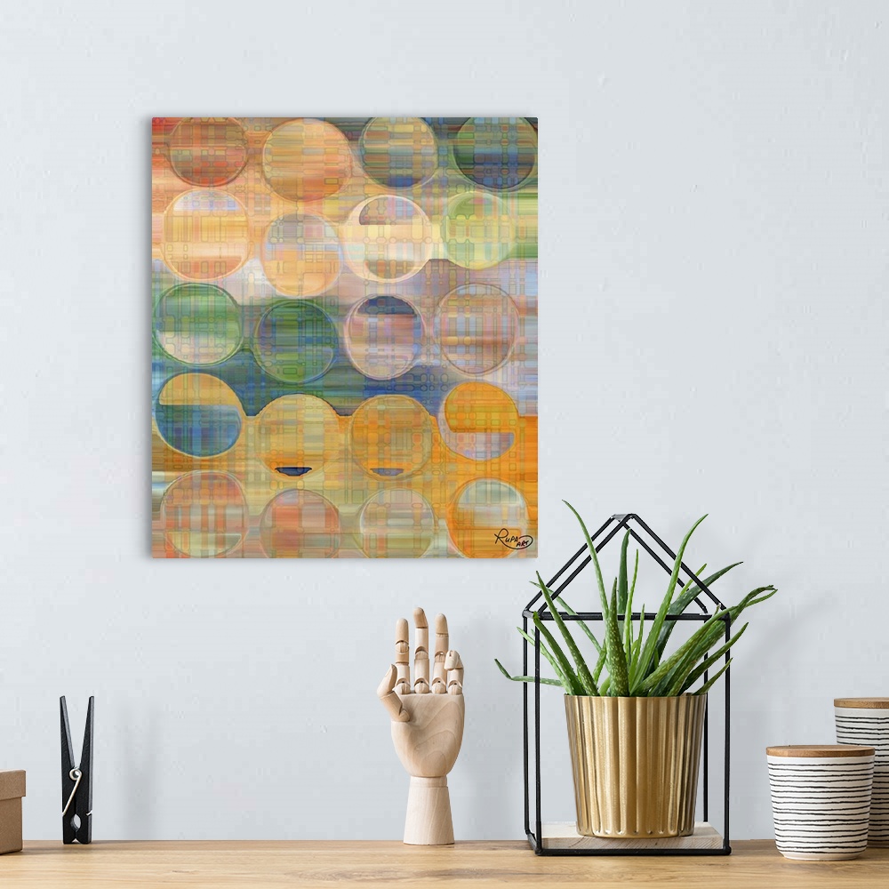 A bohemian room featuring Square abstract art with circles lined up in rows on top of a thin, plaid-like background.