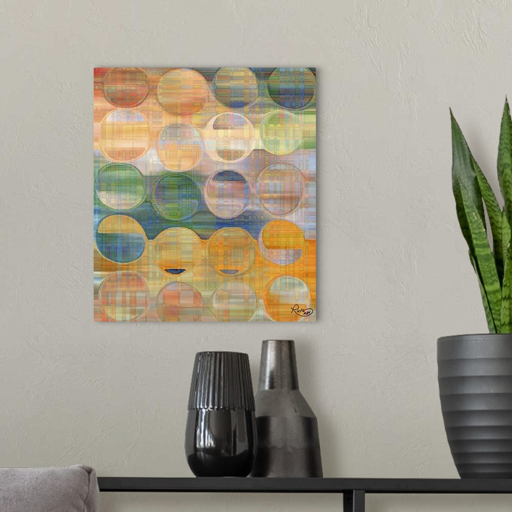 A modern room featuring Square abstract art with circles lined up in rows on top of a thin, plaid-like background.