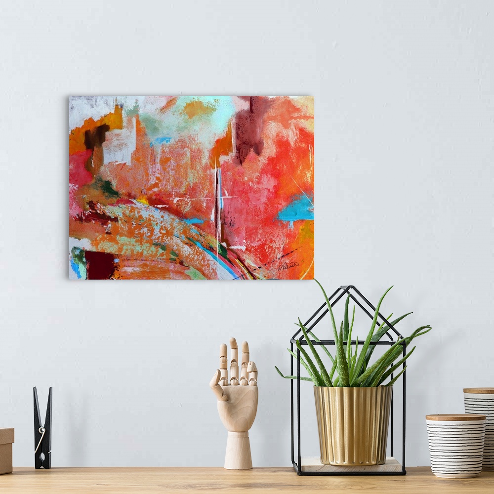 A bohemian room featuring Colorful abstract painting with busy sections of color spread out sporadically.
