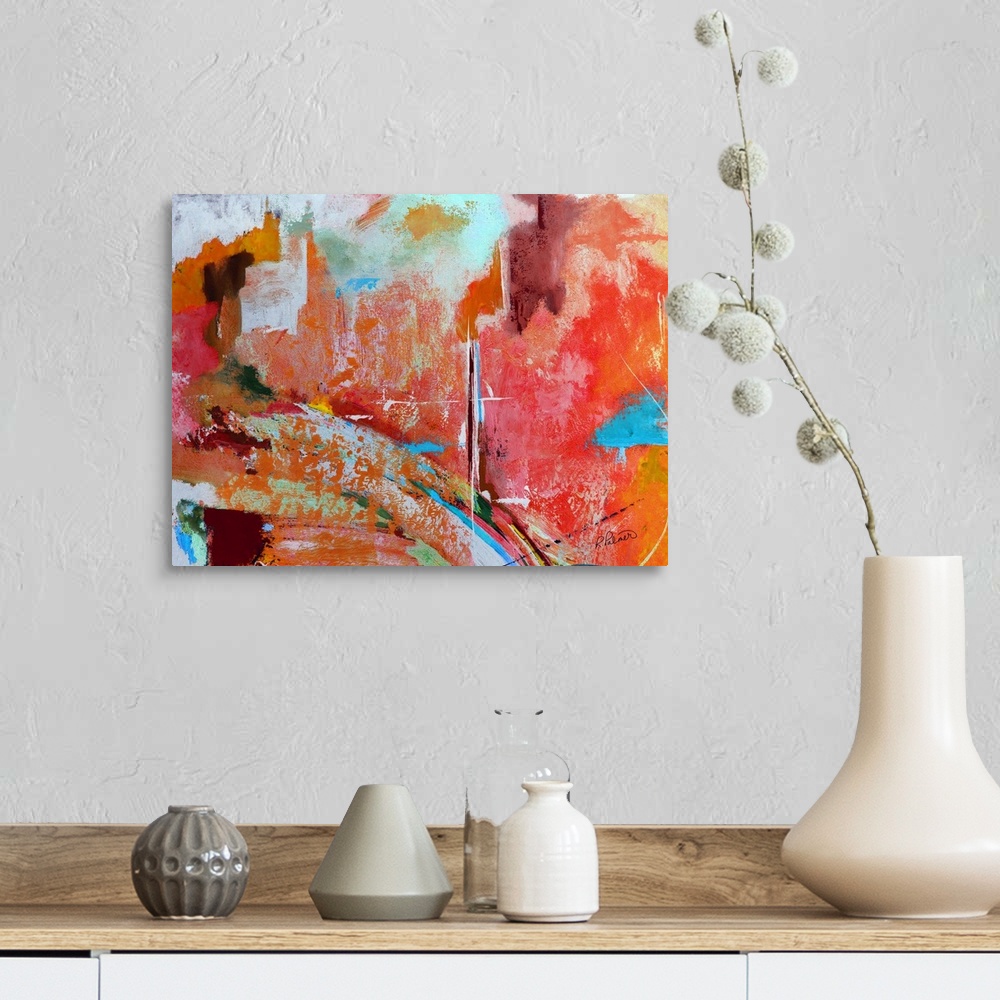 A farmhouse room featuring Colorful abstract painting with busy sections of color spread out sporadically.