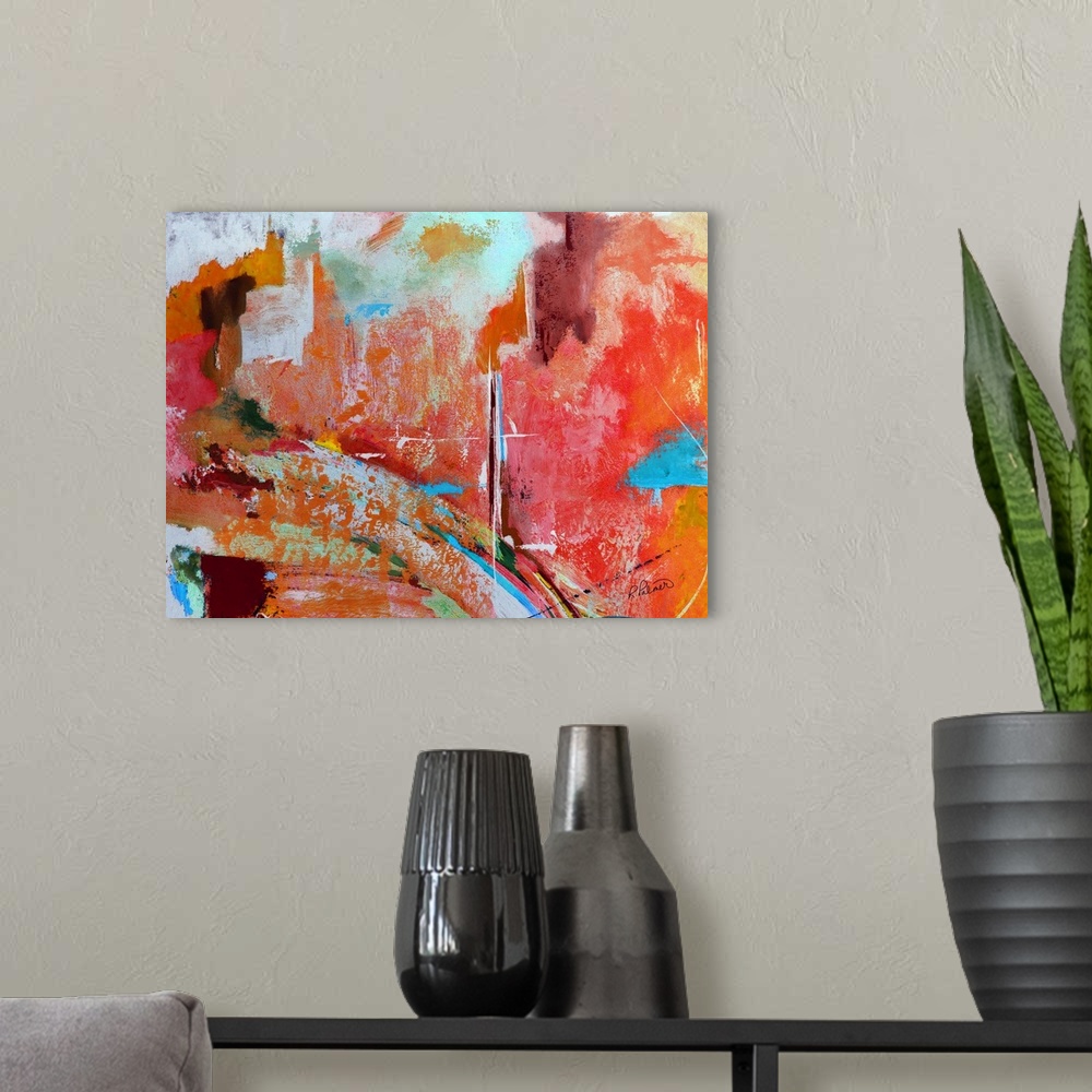 A modern room featuring Colorful abstract painting with busy sections of color spread out sporadically.