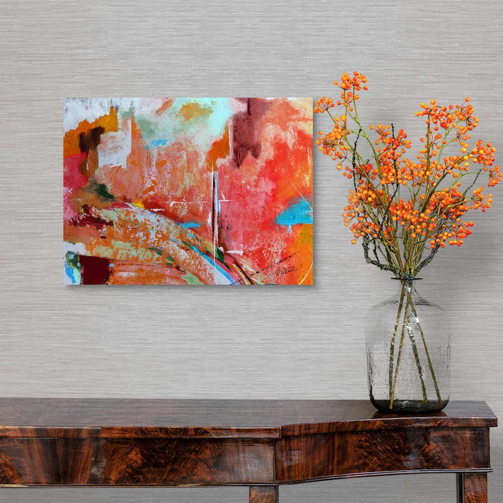 A traditional room featuring Colorful abstract painting with busy sections of color spread out sporadically.