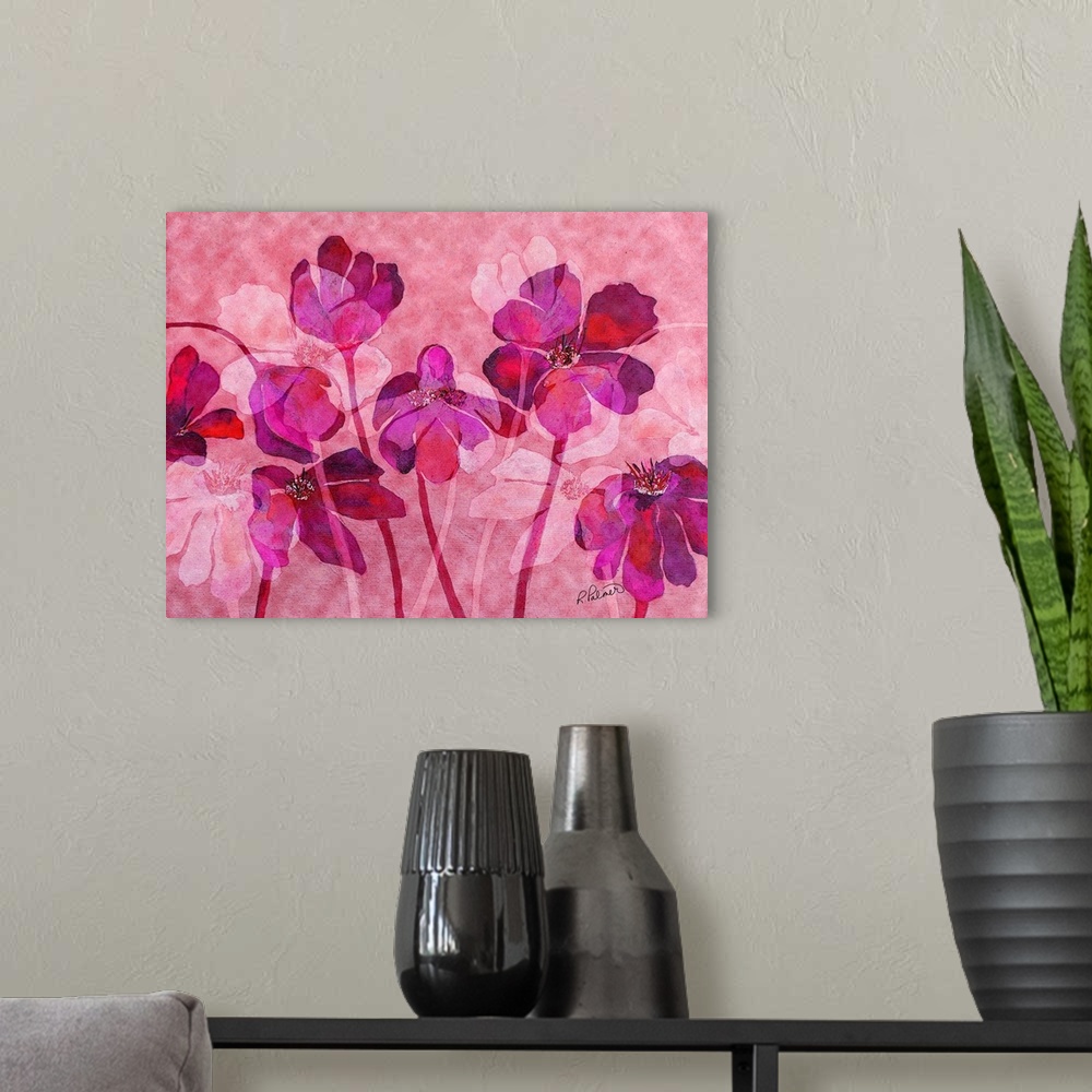 A modern room featuring A horizontal image of a group of flowers in varies shades of pink.