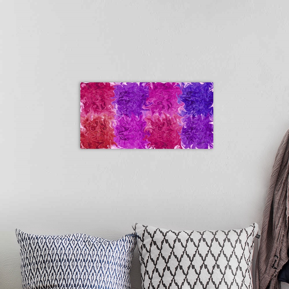 A bohemian room featuring A horizontal image of multi-colored blurred squared shapes blending together.