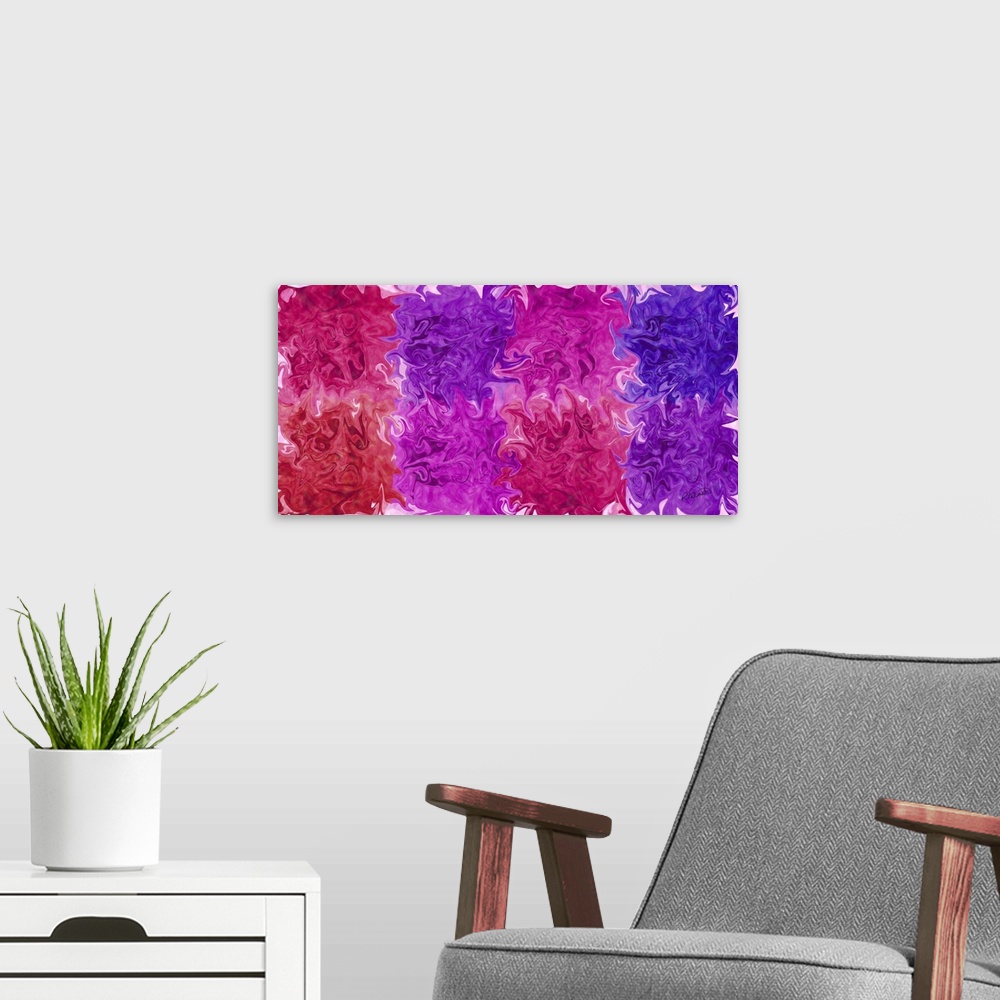 A modern room featuring A horizontal image of multi-colored blurred squared shapes blending together.