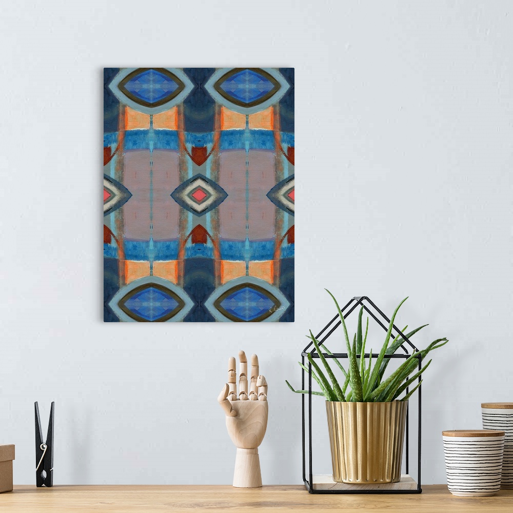 A bohemian room featuring Abstract contemporary painting resembling a kaleidoscopic image, in blue and orange tones.