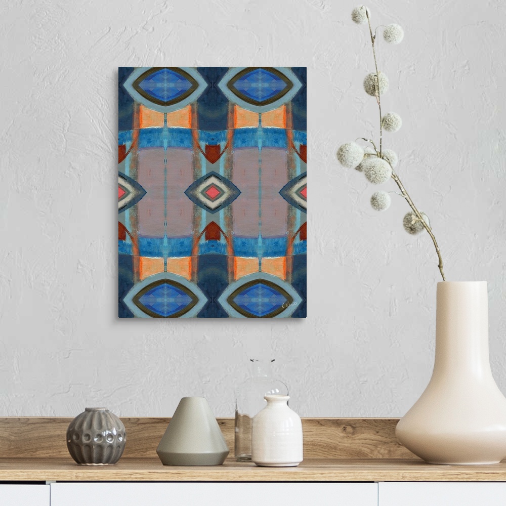 A farmhouse room featuring Abstract contemporary painting resembling a kaleidoscopic image, in blue and orange tones.