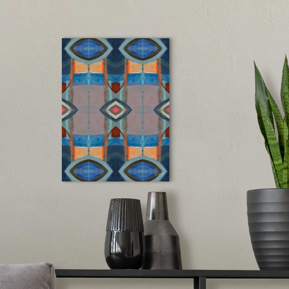 A modern room featuring Abstract contemporary painting resembling a kaleidoscopic image, in blue and orange tones.