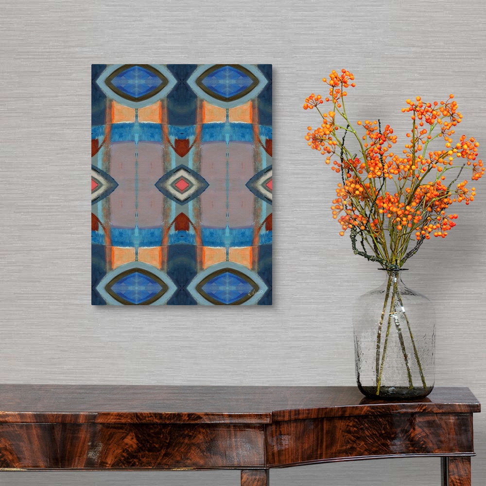 A traditional room featuring Abstract contemporary painting resembling a kaleidoscopic image, in blue and orange tones.