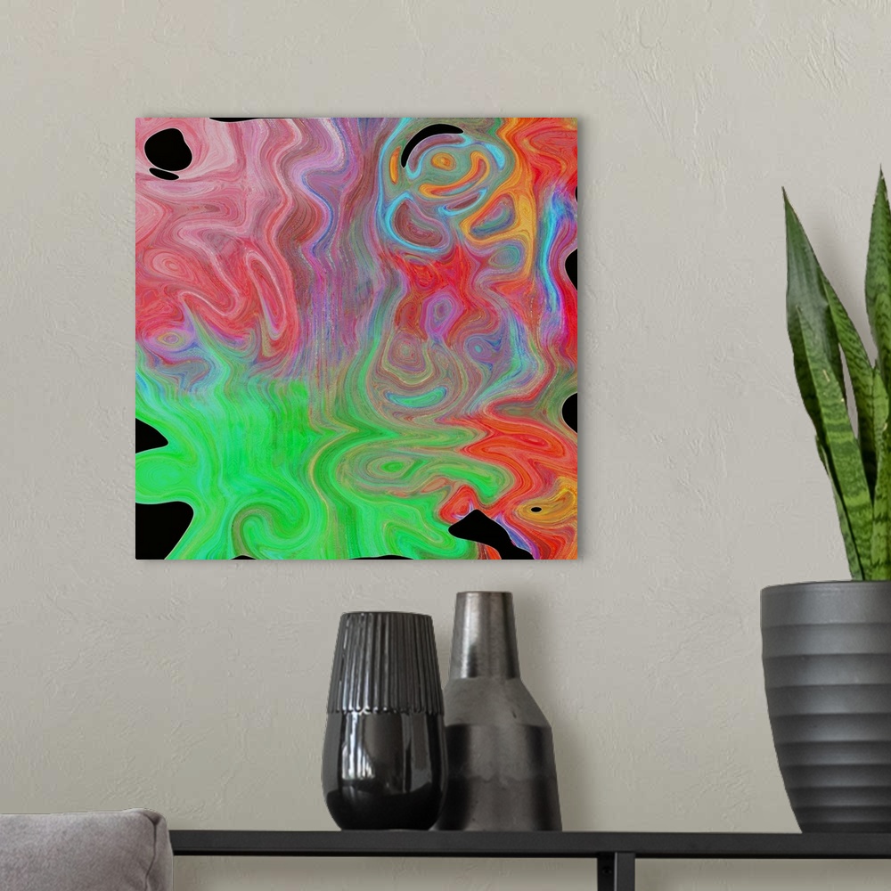 A modern room featuring A square image of varies shades of bright green, red and blue layering in swirled shapes.