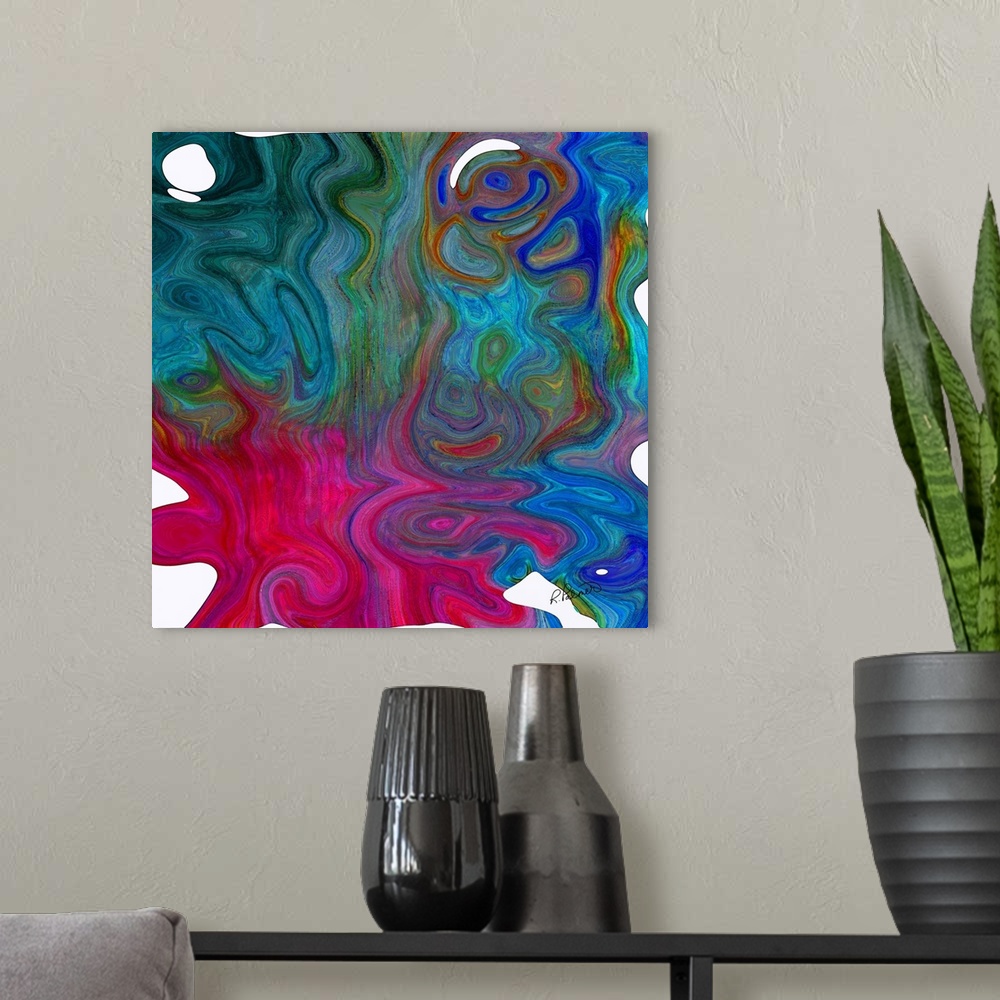A modern room featuring A square image of varies shades of bright green, pink and blue layering in swirled shapes.
