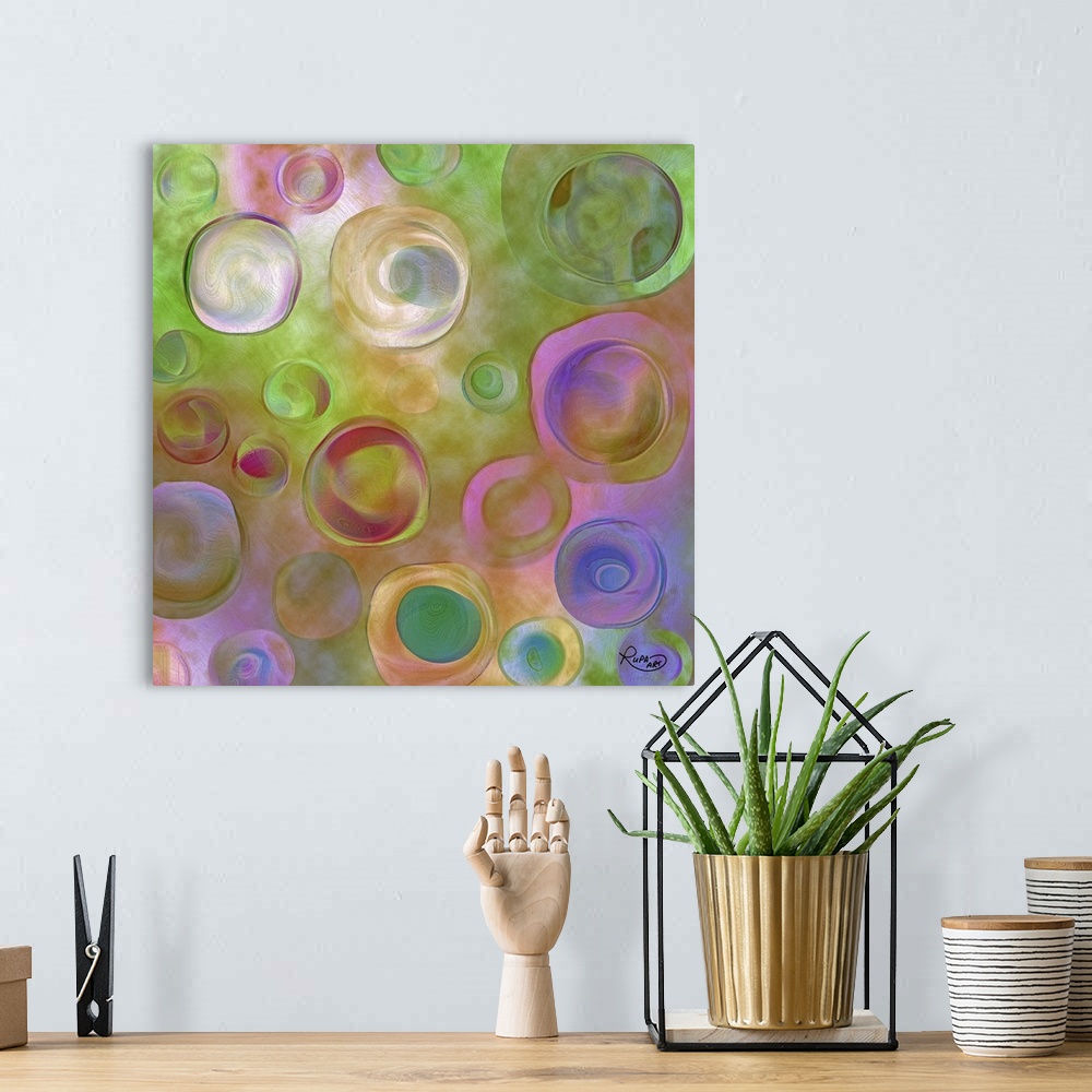 A bohemian room featuring Square abstract painting of colorful circles.