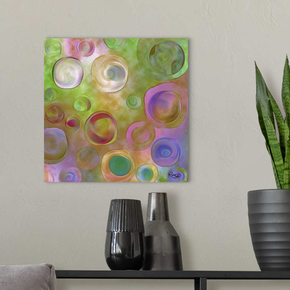 A modern room featuring Square abstract painting of colorful circles.