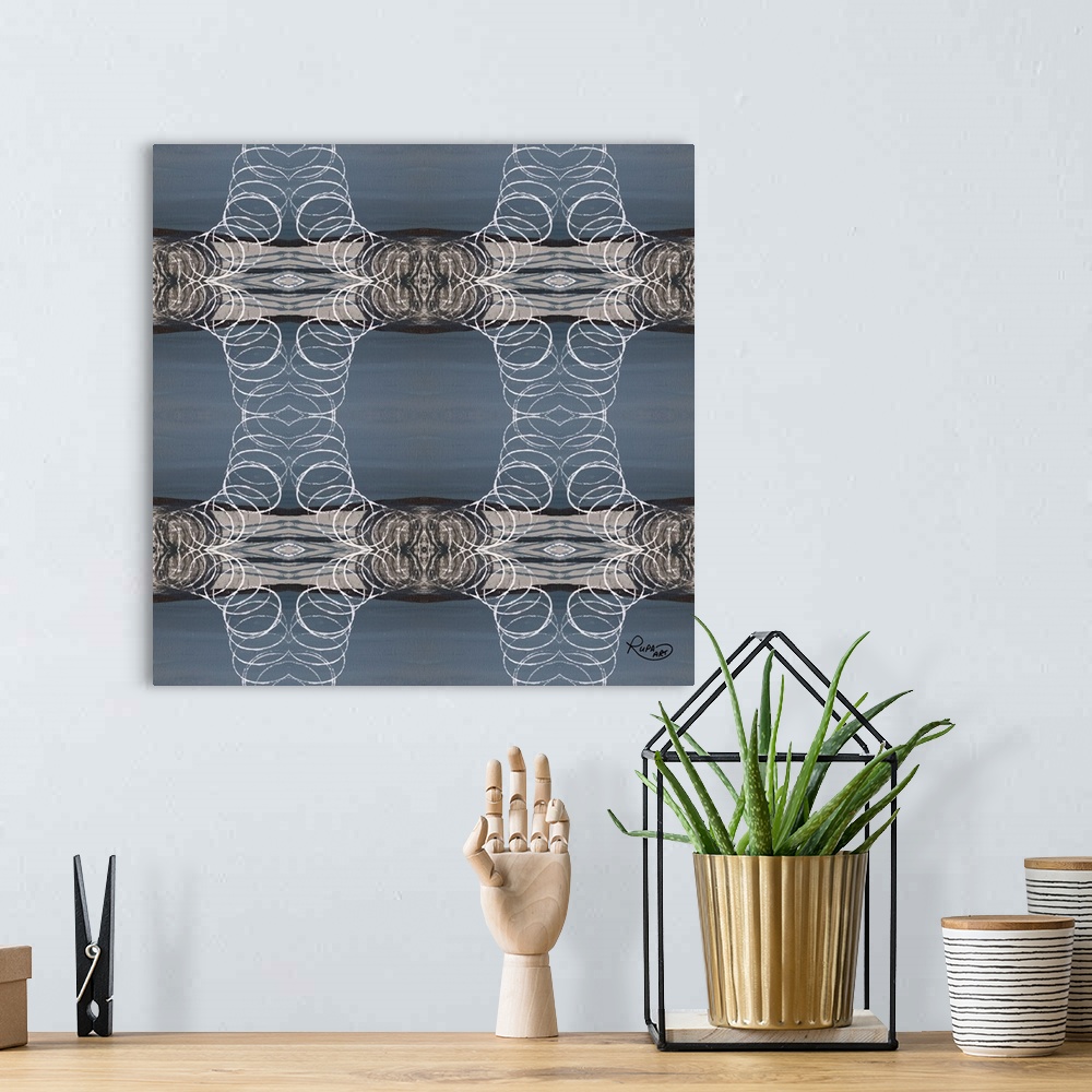 A bohemian room featuring Square painting of a repetitive design of circular shapes in neutral colors against a grayish/blu...