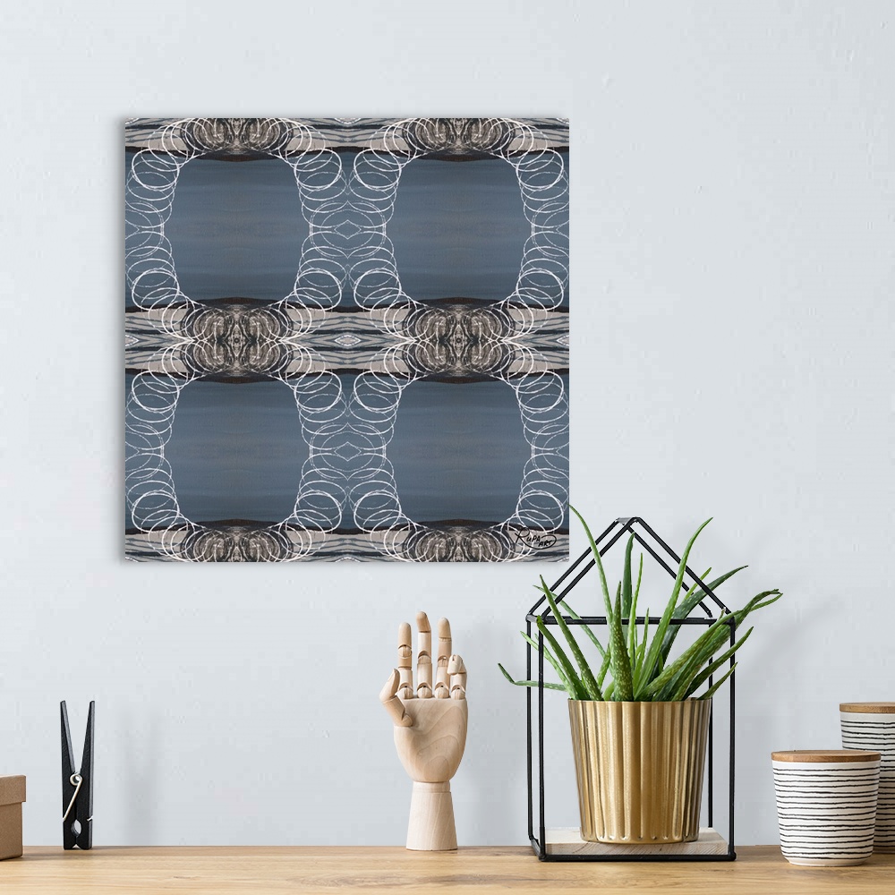 A bohemian room featuring Square painting of a repetitive design of circular shapes in neutral colors against a grayish/blu...