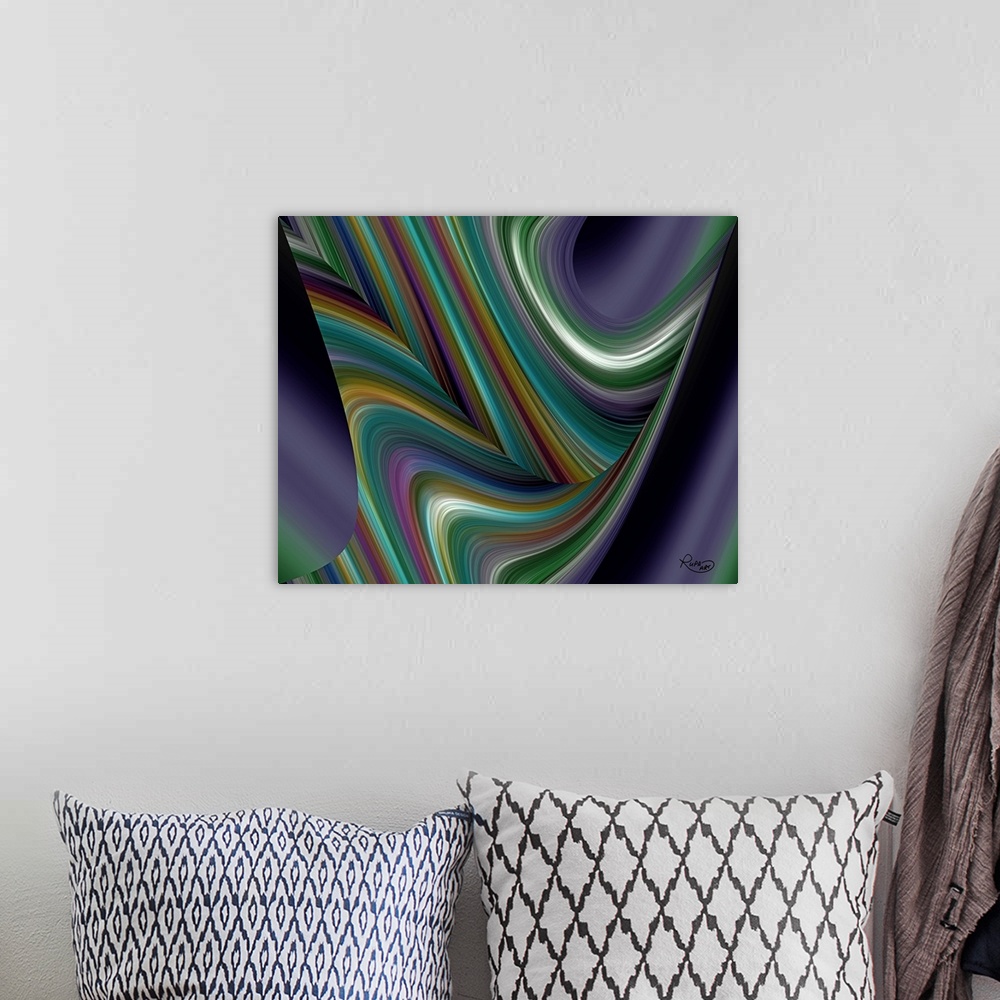 A bohemian room featuring Abstract art with arching colorful, thin lines coming together to create smooth movement.
